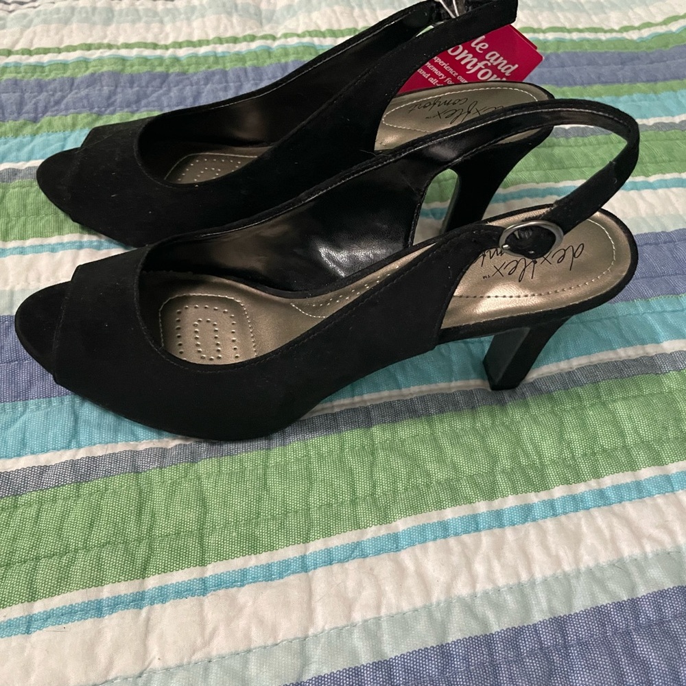 NWT Black suede like sling-back heels. 3.5” - size 9.5.
